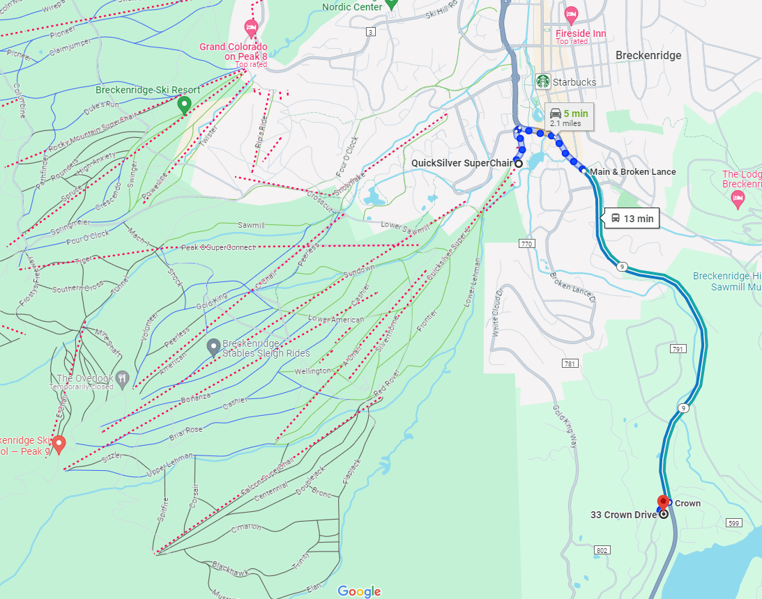 The QuickSilver Lift is the closest lift and can be reached by car or by bus. The Summit Stage has a pickup and drop off point just behind the house on HWY 9. All pickups at this point are southbound, so you will have to ride through Blue River before returning North to Breckenridge. If you walk .5 miles up the road to the Wagon Road pickup location it will take you directly to Breckenridge. Returning from Breckenridge you can get dropped off directly at the Crown bus stop.