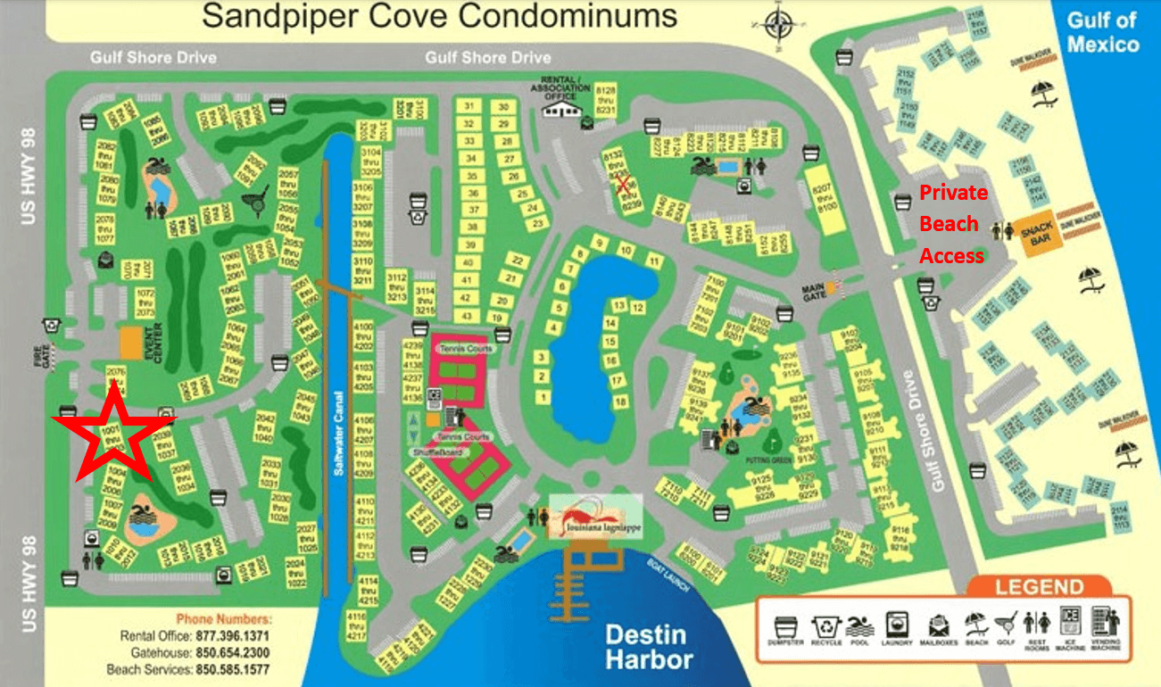 This map shows the Sandpiper Cove property.  It is a quick 10 minute walk to the private beach access.  You can also drive and park right at the beach access.  It is also a quick walk to all of the Sandpiper Cove amenities such as the 5 pools, 3 hot tubs, newly updated tennis and pickleball courts, Louisiana Lagniappe, Rick's Sand Trap, and golf course.